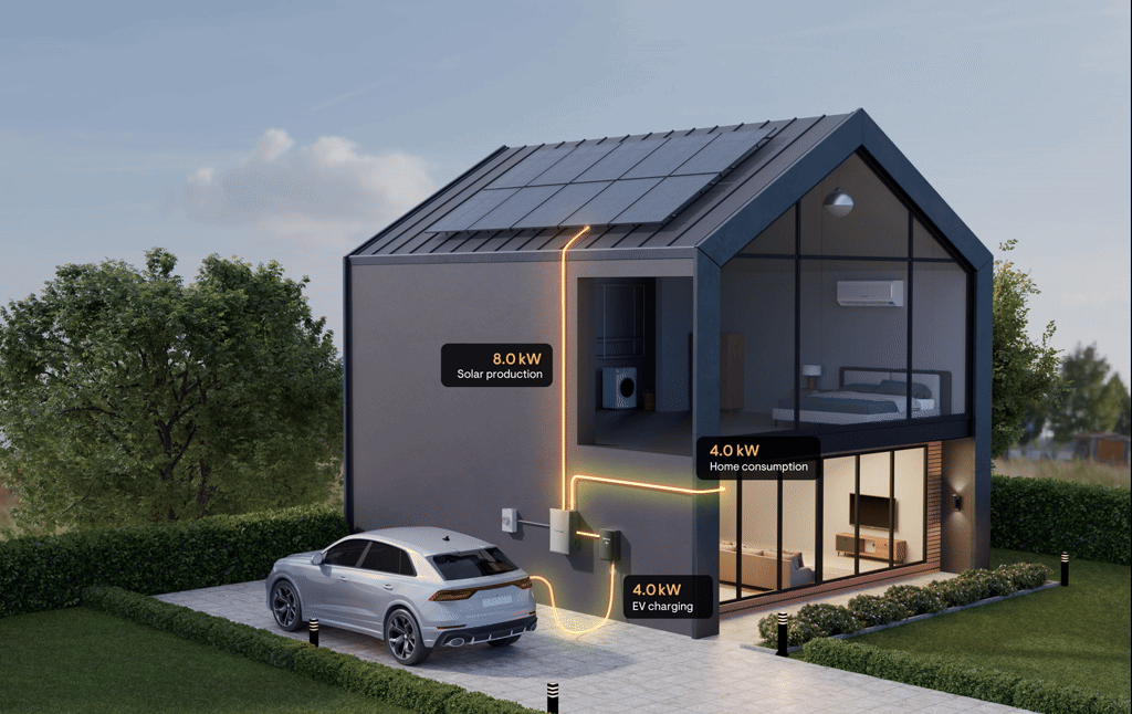 Nexus solar home in daytime, panels producing energy