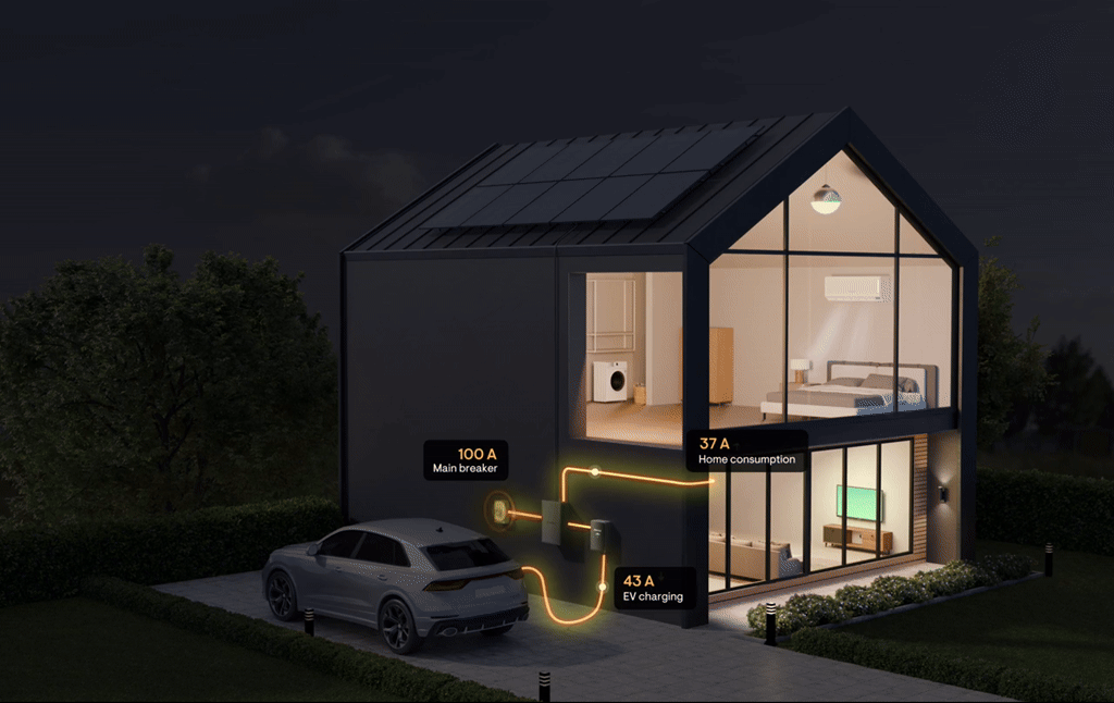 Nexus solar home at night, battery-powered and lit